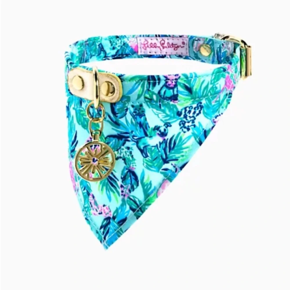 LILLY PULITZER LEATHER CANVAS DOG COLLAR Floral pup Bandana with Pendant M/L M L